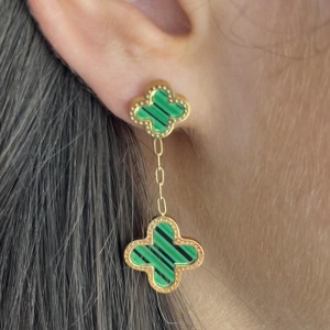 Stainless Steel Clover Drop Earrings - Green